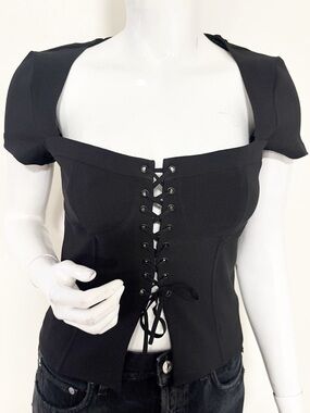 NWOT I.AM.GIA Black Lace-Up Square Neck Short Sleeve Bustier Corset Style Top